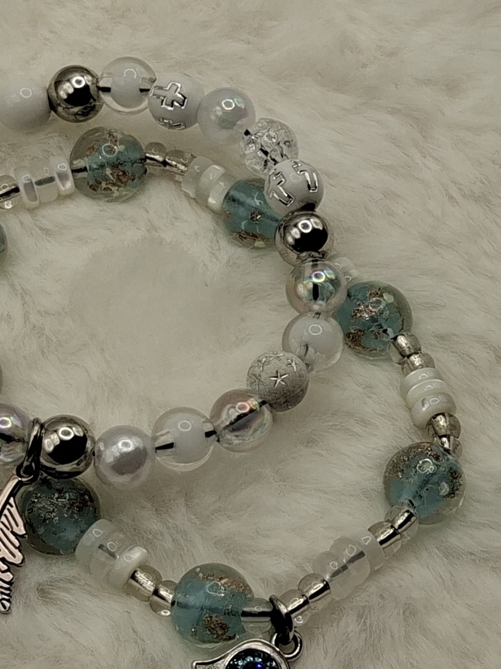 "Back To SELF"Turquoise & Silver Glass Bead Stretch Bracelet Set (Stretch-Fit)